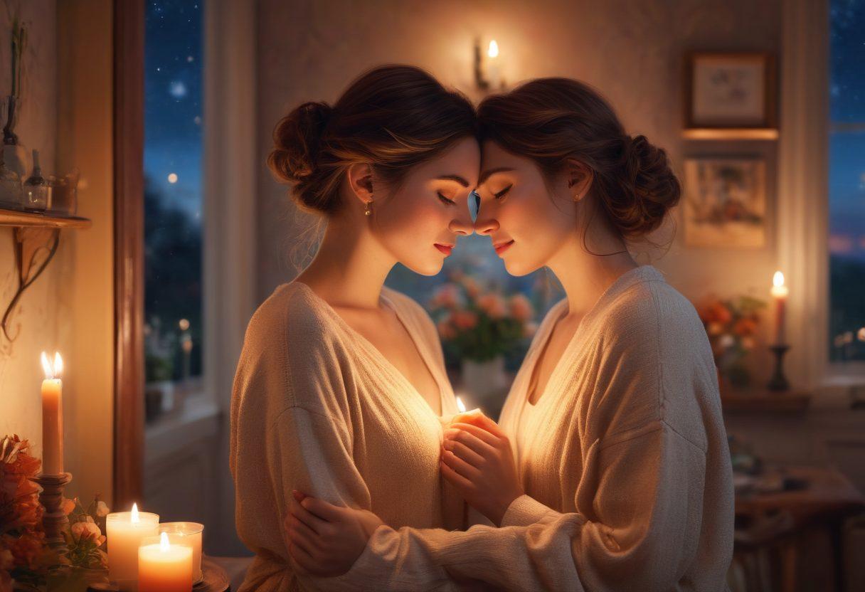 A warm and inviting illustration of two women embracing in a cozy, softly lit room, surrounded by symbols of intimacy such as candles and flowers. Their expressions convey love and connection, with delicate details emphasizing their closeness. The background hints at a deep night sky, symbolizing exploration and depth. Soft, blended colors evoke a sense of warmth and romance. super-realistic. vibrant colors. warm hues.