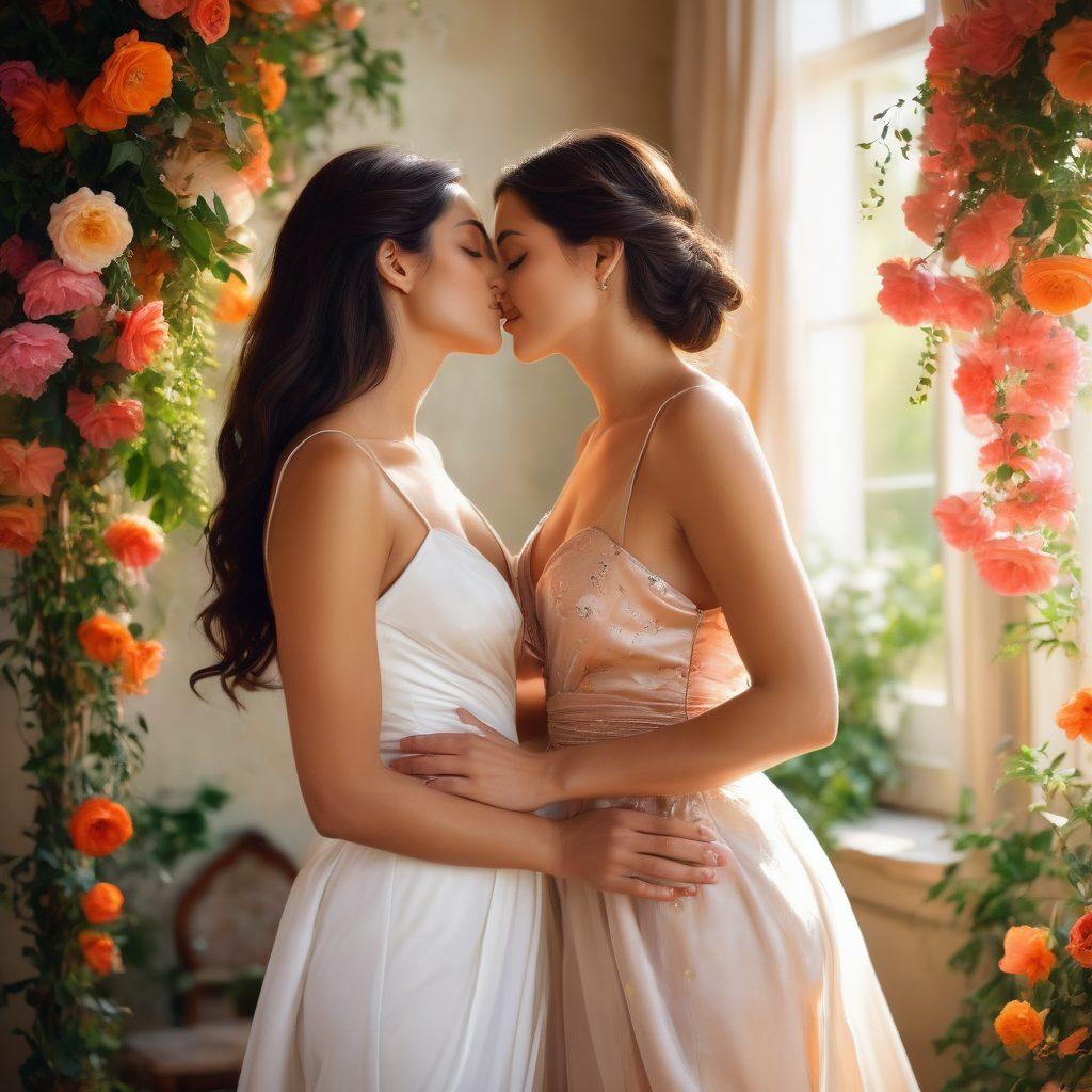 A lush, intimate setting with two women sharing a passionate kiss, surrounded by vibrant flowers and soft, warm lighting. Incorporate subtle symbols of love and desire, like intertwined vines and soft silk drapery, while showcasing a sense of freedom and confidence. The colors should be rich and inviting, evoking a feeling of warmth and celebration. Paint the scene in a soft-focus style to enhance the romantic ambiance. vibrant colors. soft-focus painting.