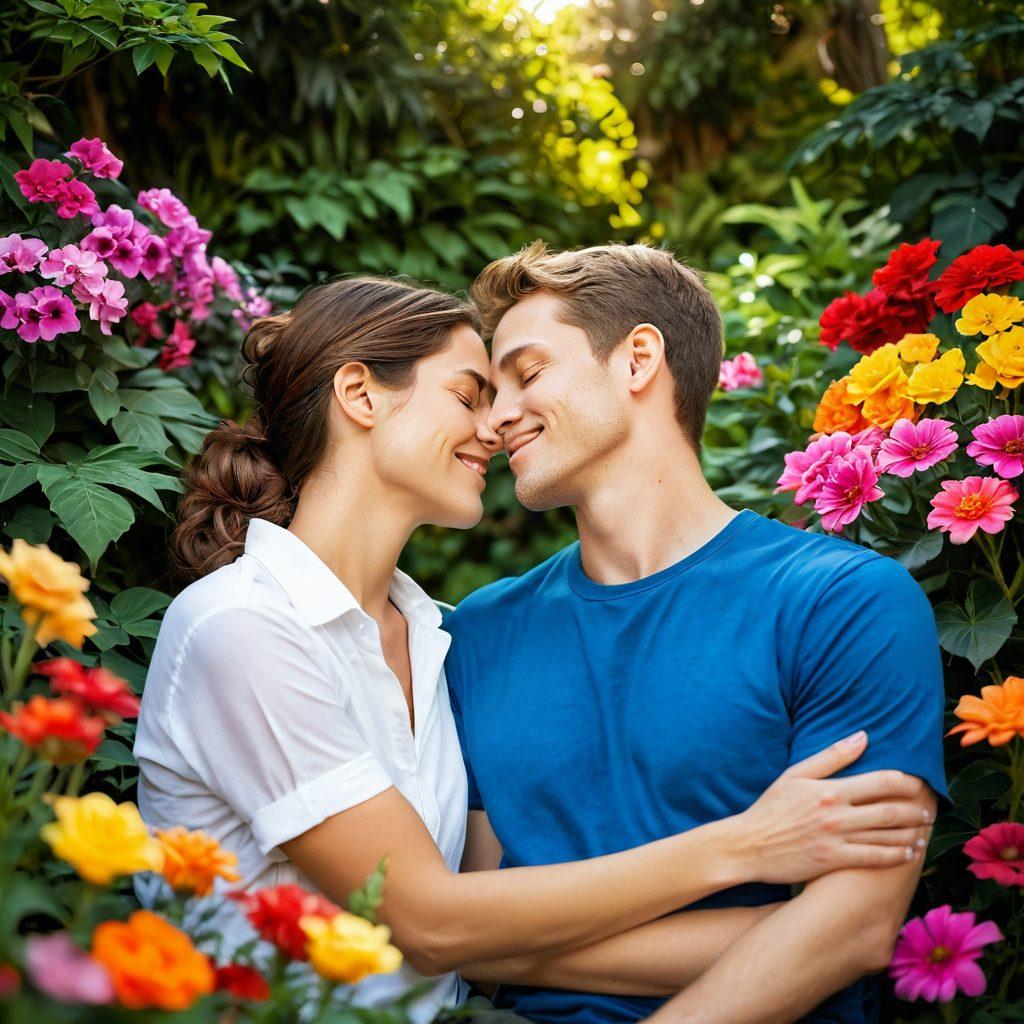 A warm, inviting scene of two individuals of the same sex sharing a tender moment, surrounded by a vibrant array of colors symbolizing love and connection. Soft, natural lighting creates an intimate atmosphere, with elements like intertwined hands and gentle smiles highlighting deep emotional bonds. Include a lush garden in the background to represent growth and flourishing relationships. romantic style. vibrant colors. super-realistic.